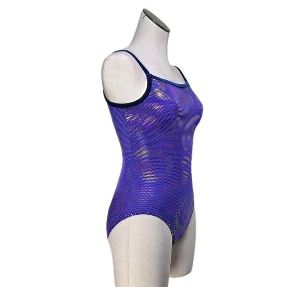 GK Elite VTG Purple Pixelated Swirl Camisole Leotard Velvet Trim Size AM Adult M - Picture 5 of 16